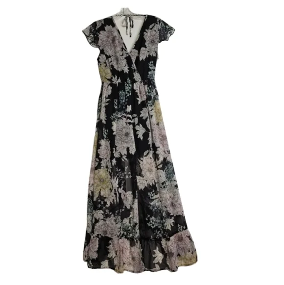 BAND of Gypsies Faux Wrap Dress  Black Floral Chiffon High Low Maxi sz S - Picture 11 of 11